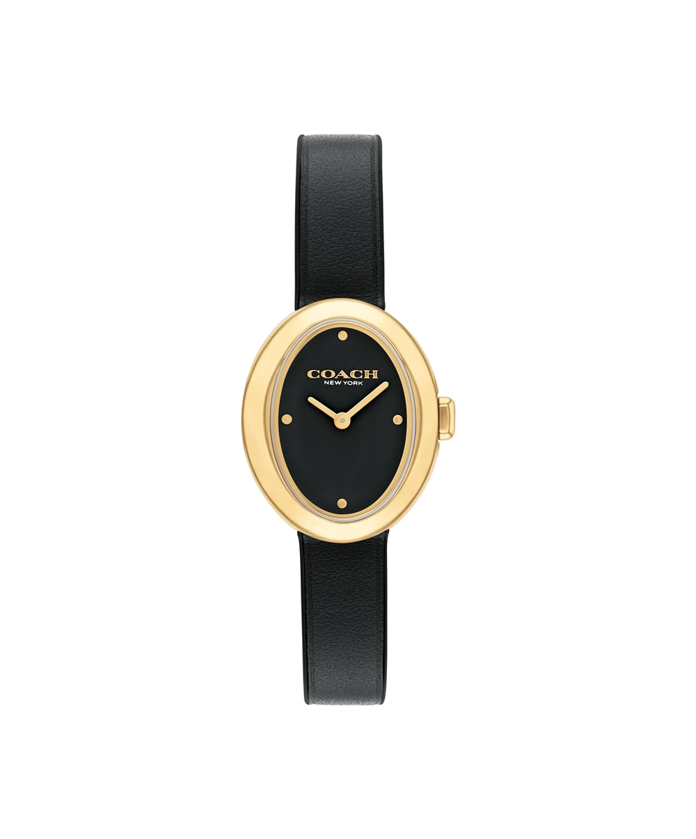 Coach Gold Sammy Oval Black Leather Watch