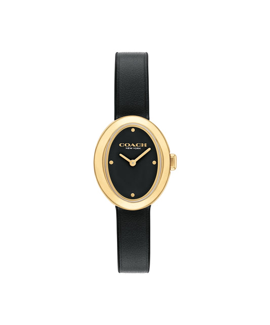 Coach Gold Sammy Oval Black Leather Watch