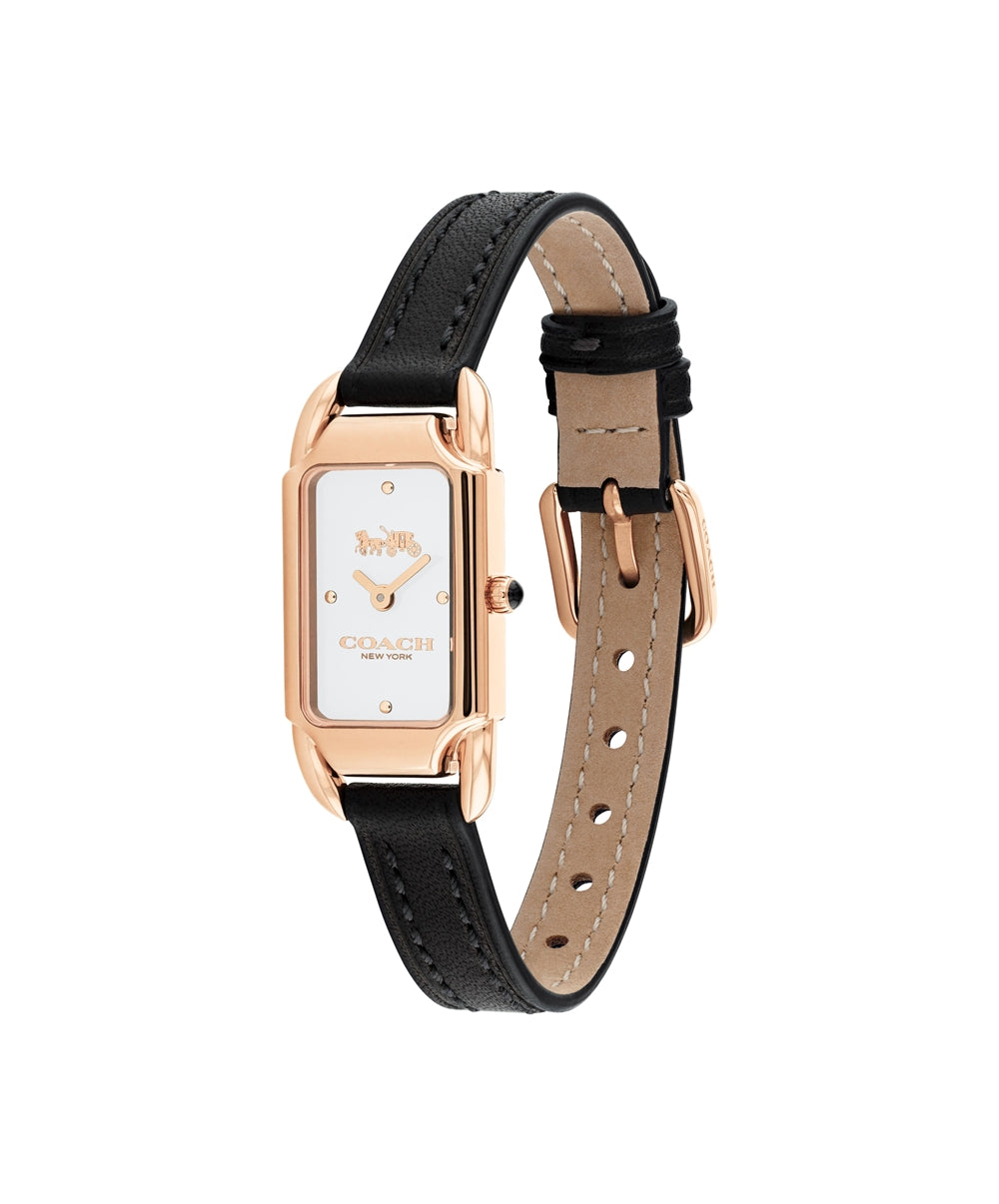 Coach Rose Gold Cadie Rectangle Black Leather Watch