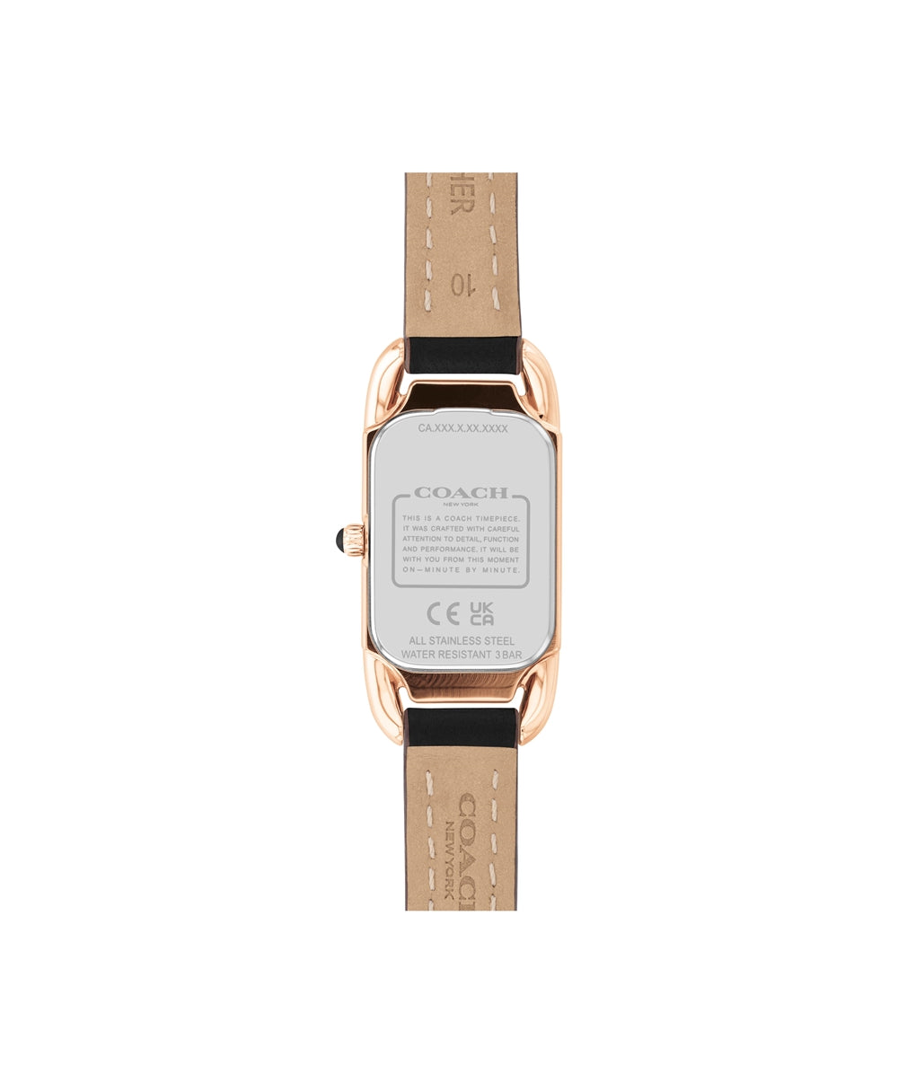 Coach Rose Gold Cadie Rectangle Black Leather Watch