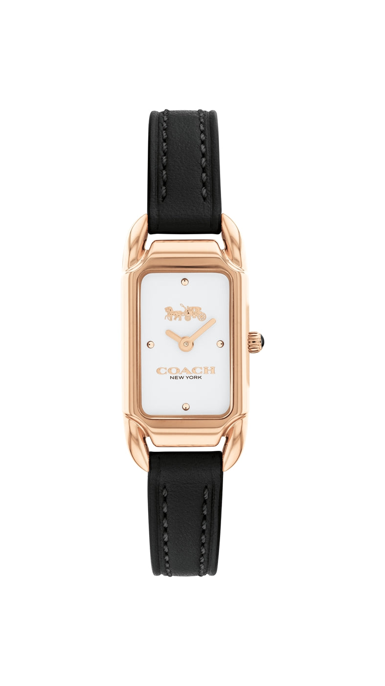 Coach Rose Gold Cadie Rectangle Black Leather Watch