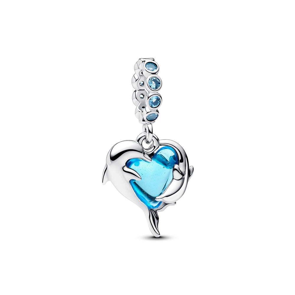 Pandora Silver Blue Murano Glass Dolphins Dangle Charm