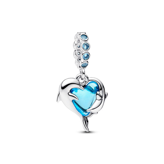Pandora Silver Blue Murano Glass Dolphins Dangle Charm