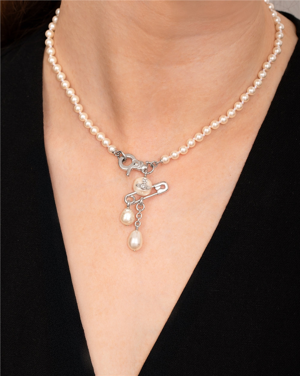 Vivienne Westwood Silver Claude Pearl Safety Pin Necklace