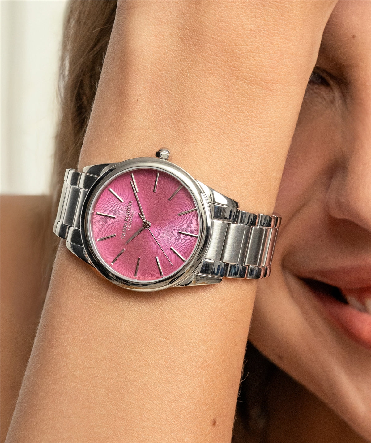 Olivia Burton Silver Glowful Pink Dial Watch