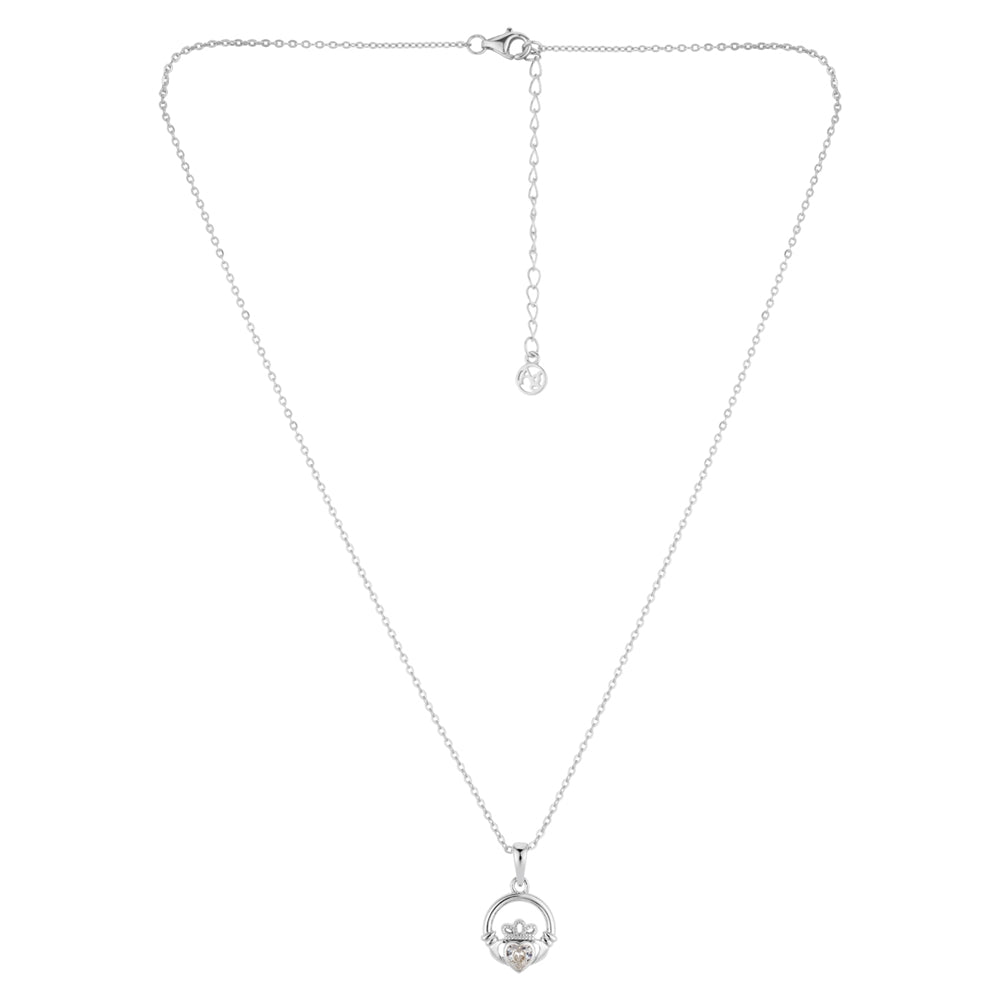 Argento Silver April White Cubic Zirconia Claddagh Necklace