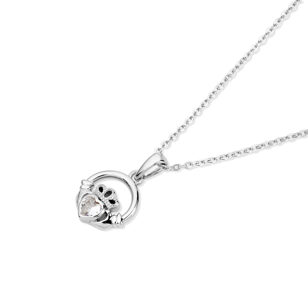 Argento Silver April White Cubic Zirconia Claddagh Necklace