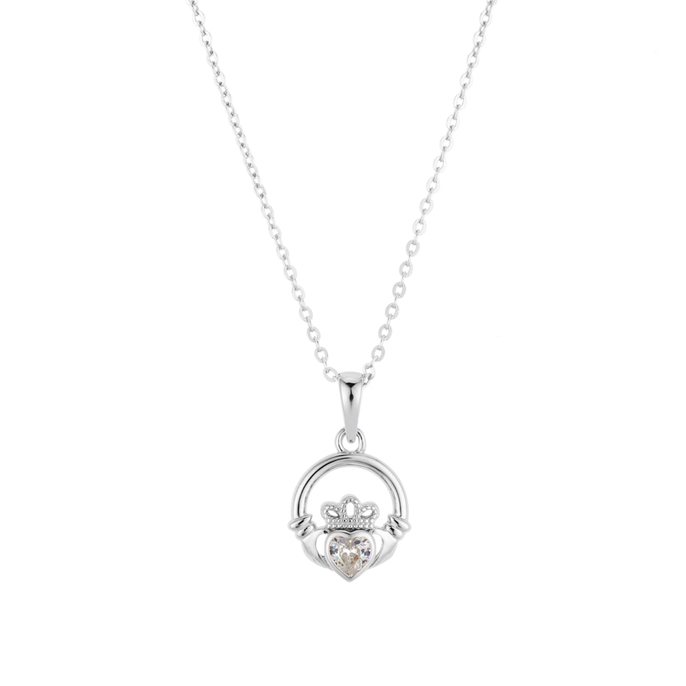 Argento Silver April White Cubic Zirconia Claddagh Necklace