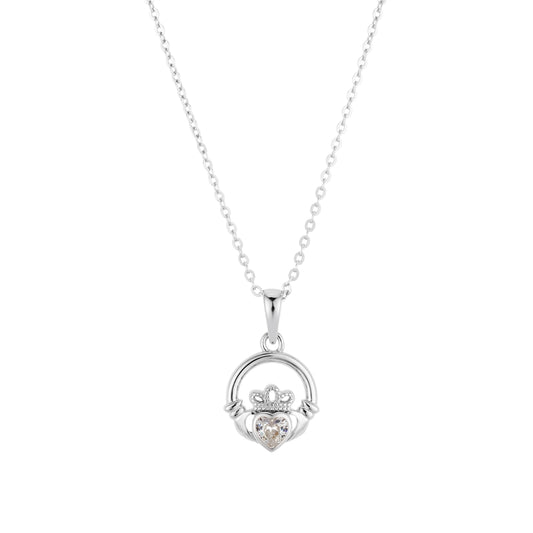 Argento Silver April White Cubic Zirconia Claddagh Necklace