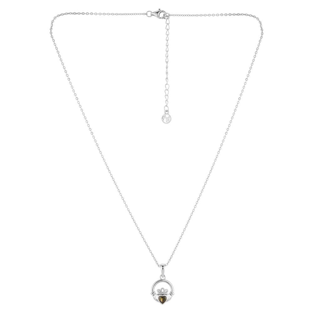 Argento Silver August Peridot CZ Claddagh Necklace