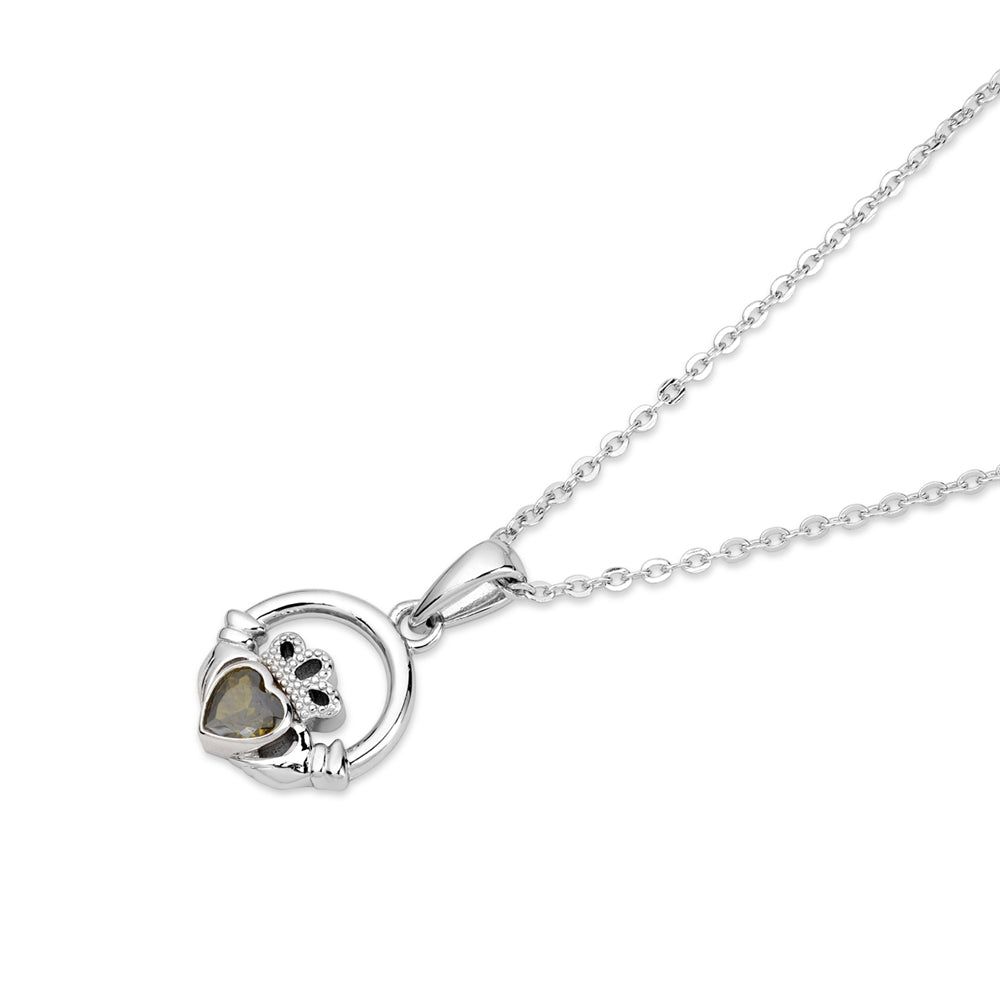 Argento Silver August Peridot CZ Claddagh Necklace