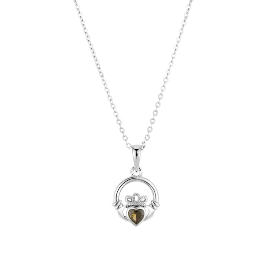 Argento Silver August Peridot CZ Claddagh Necklace