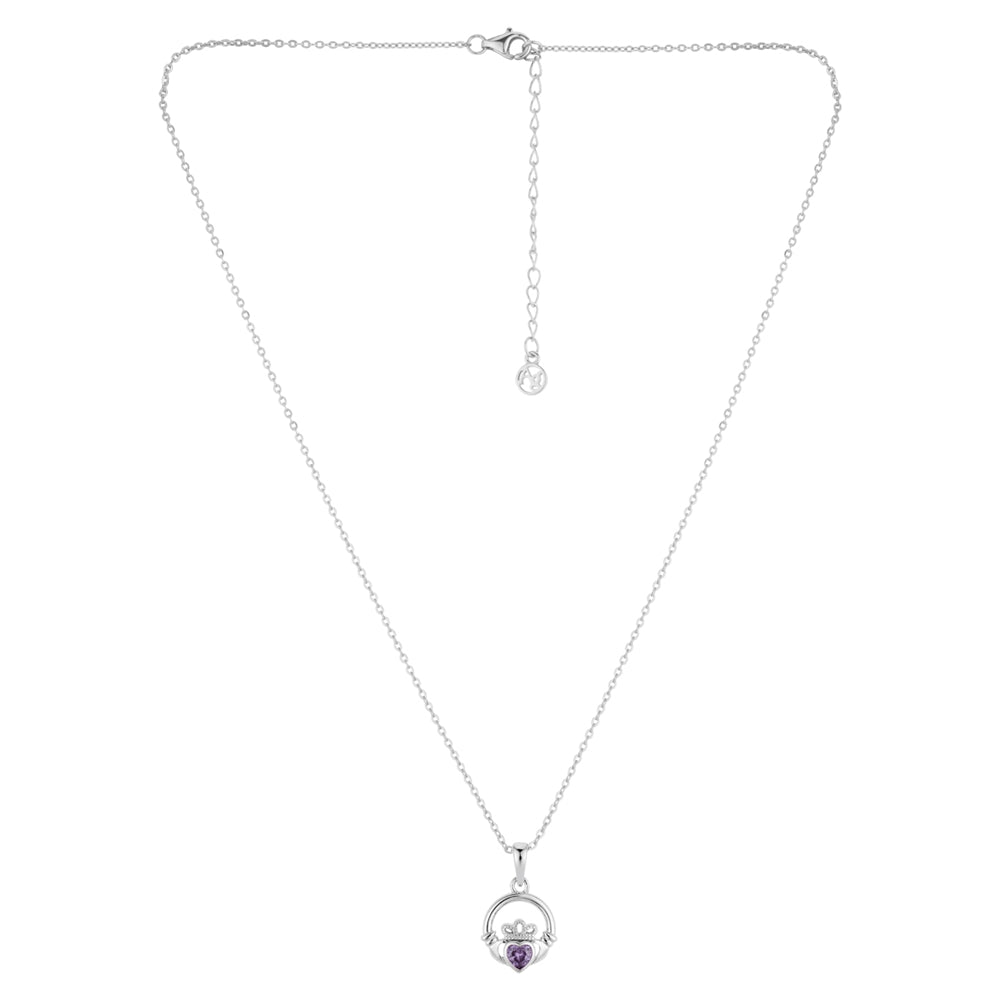 Argento Silver February Amythyst CZ Claddagh Necklace
