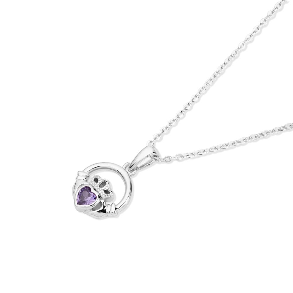 Argento Silver February Amythyst CZ Claddagh Necklace