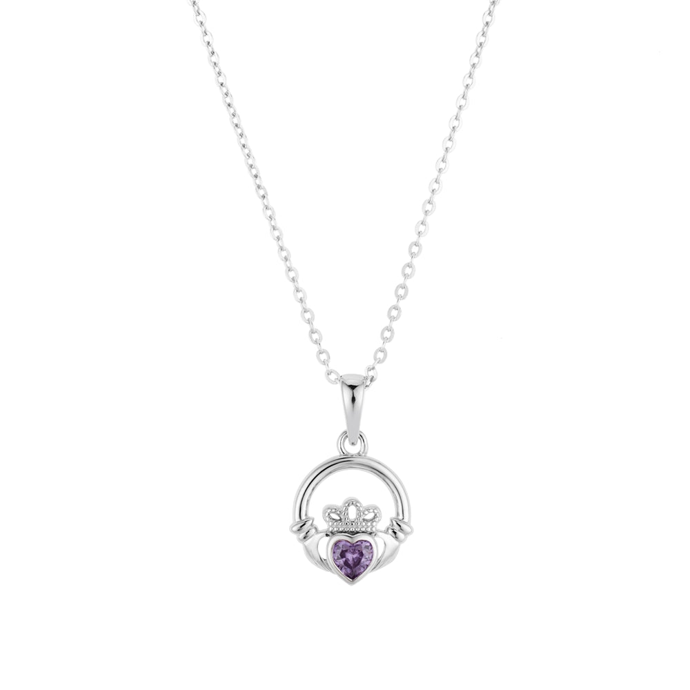 Argento Silver February Amythyst CZ Claddagh Necklace