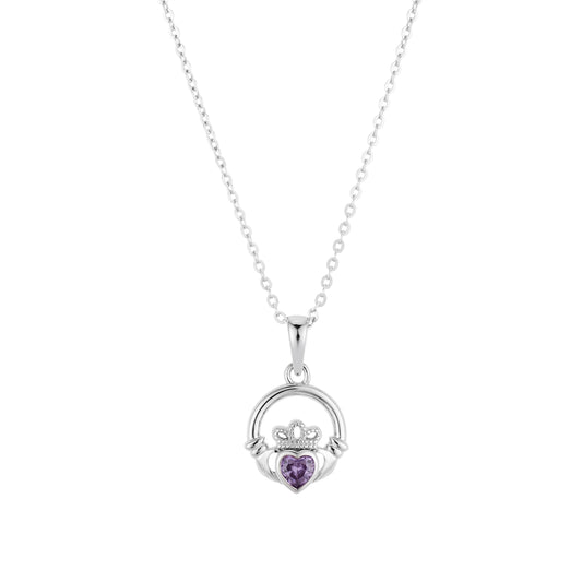 Argento Silver February Amythyst CZ Claddagh Necklace