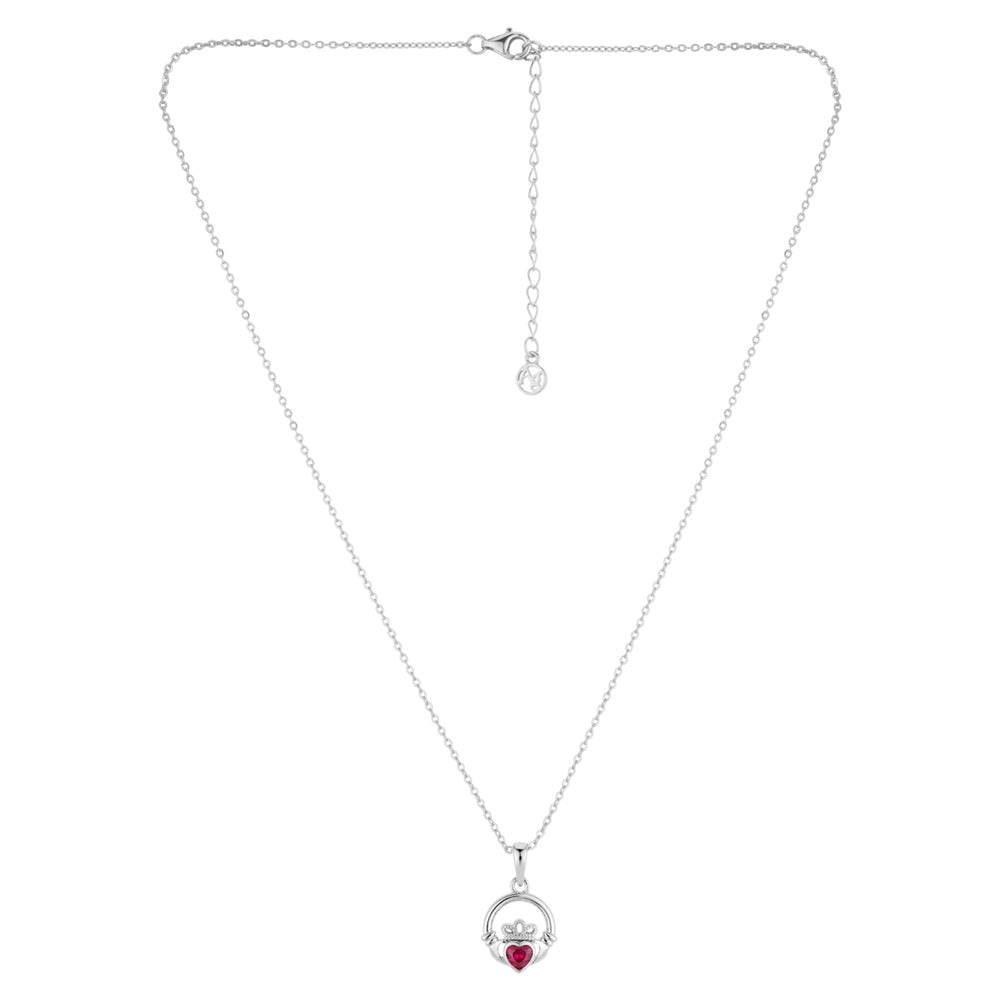 Argento Silver July Ruby CZ Claddagh Necklace