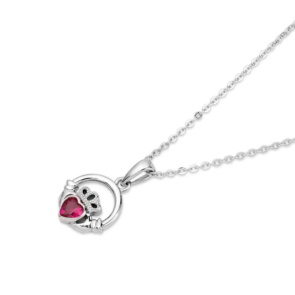 Argento Silver July Ruby CZ Claddagh Necklace