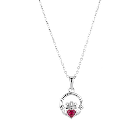 Argento Silver July Ruby CZ Claddagh Necklace