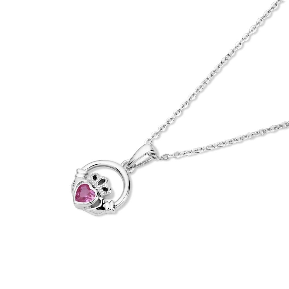 Argento Silver June Pink Alexandrite CZ Claddagh Necklace