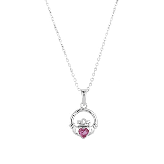 Argento Silver June Pink Alexandrite CZ Claddagh Necklace