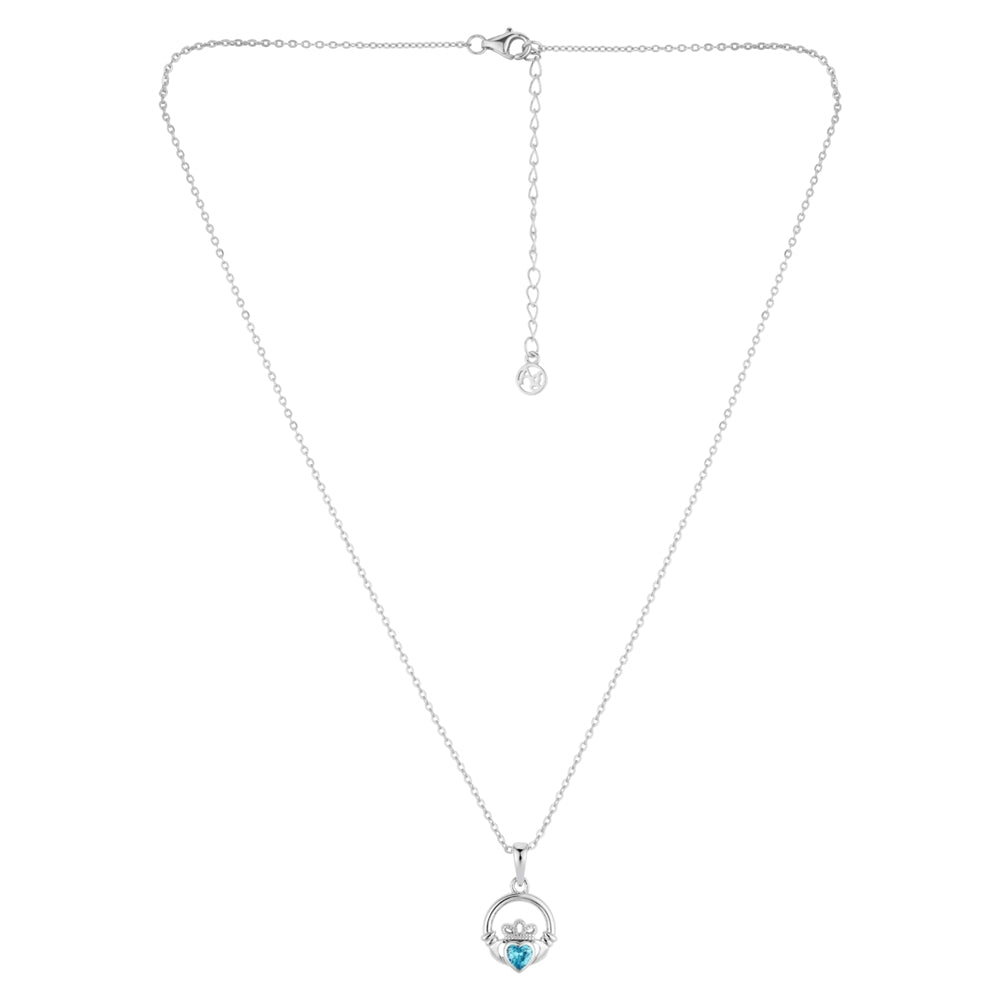 Argento Silver March Aqua CZ Claddagh Necklace