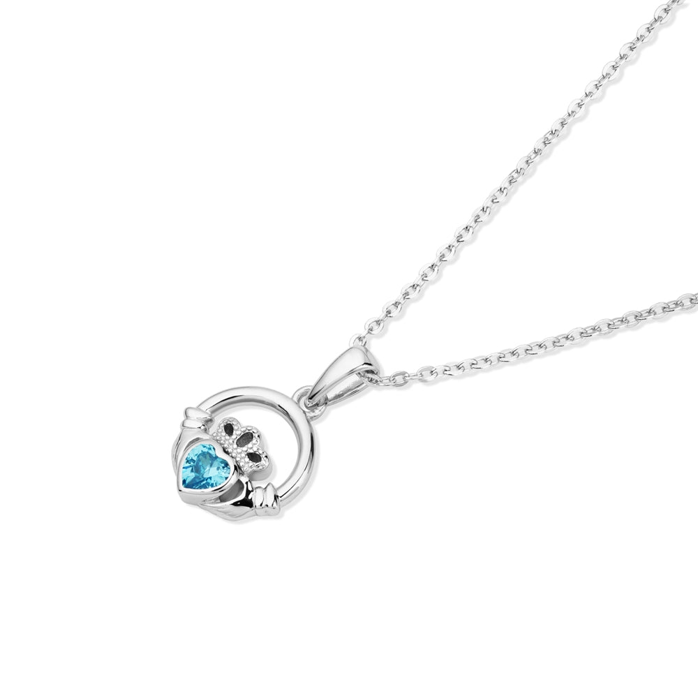 Argento Silver March Aqua CZ Claddagh Necklace