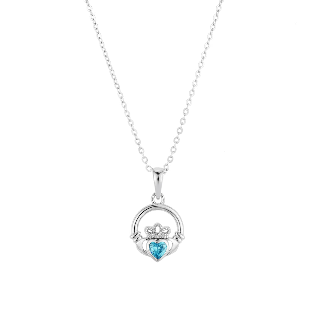 Argento Silver March Aqua CZ Claddagh Necklace