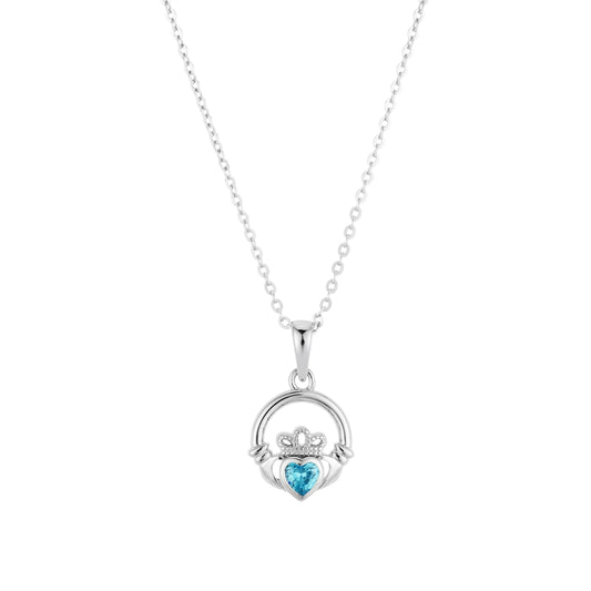 Argento Silver March Aqua CZ Claddagh Necklace