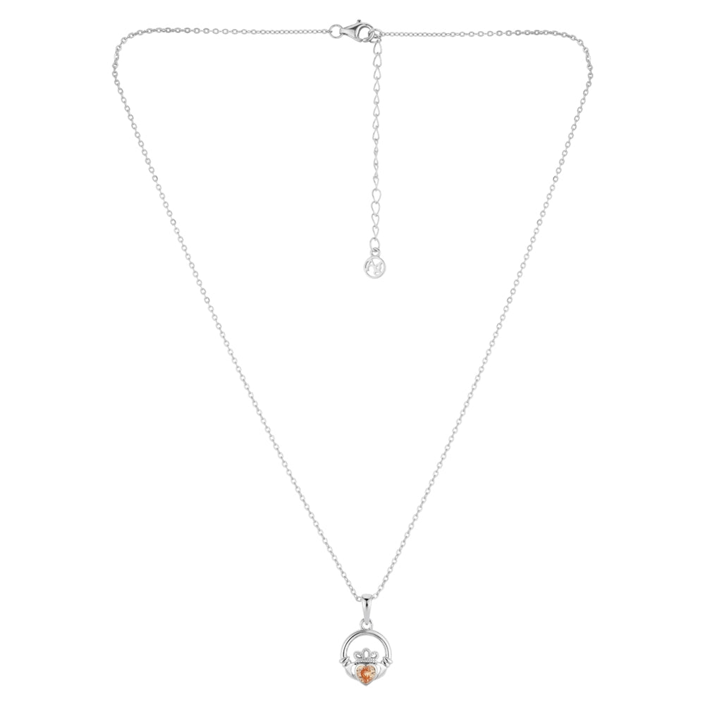 Argento Silver November Citrine CZ Claddagh Necklace