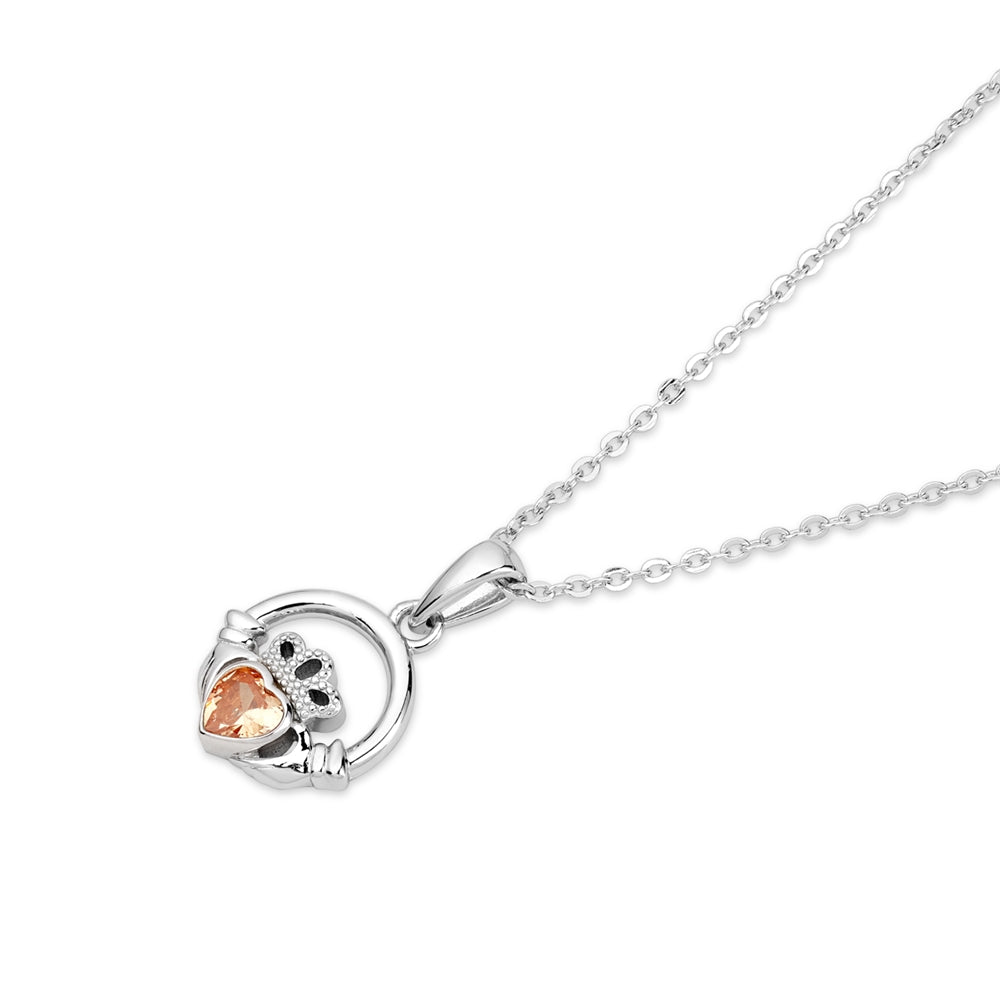 Argento Silver November Citrine CZ Claddagh Necklace