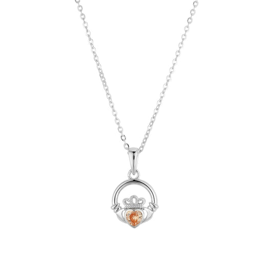 Argento Silver November Citrine CZ Claddagh Necklace