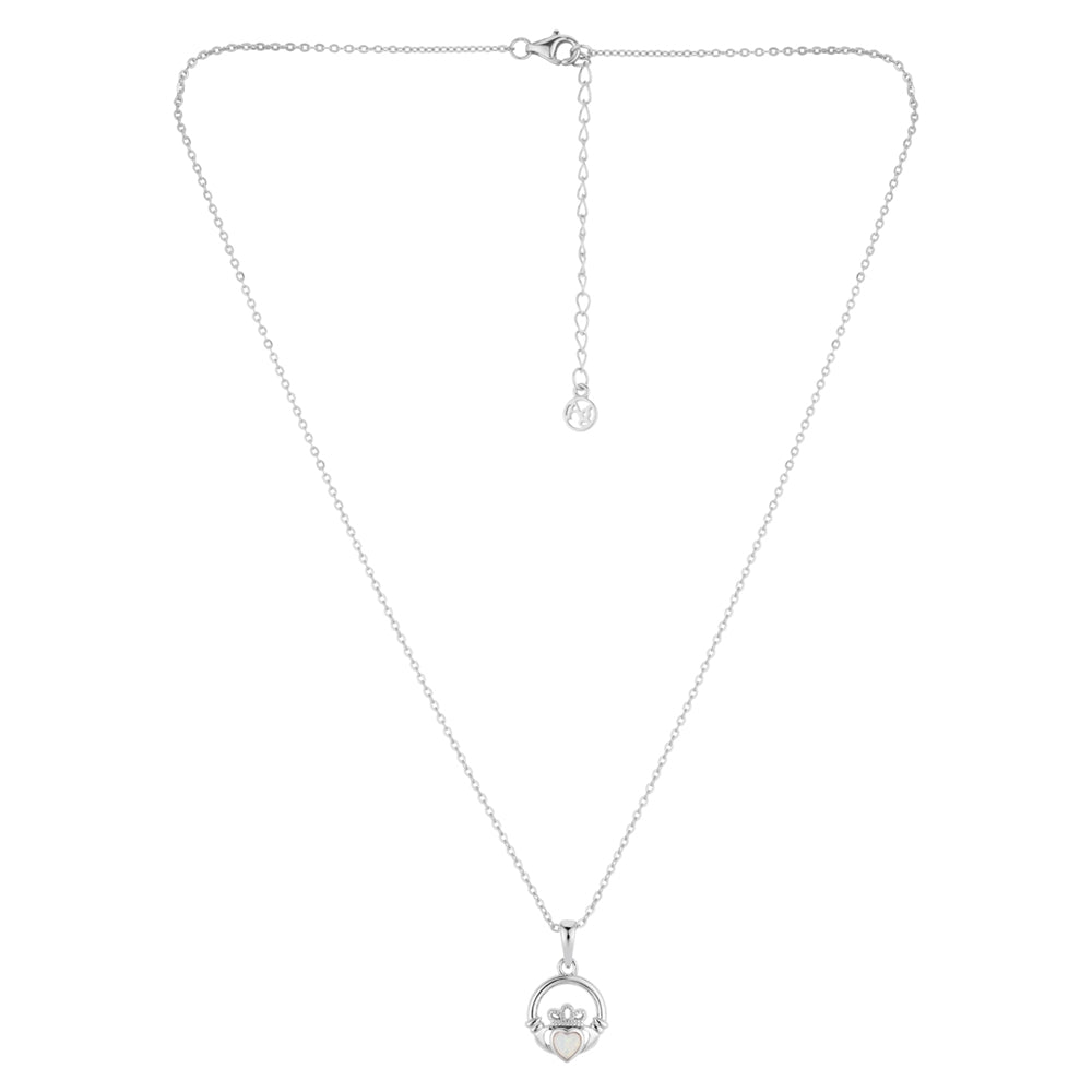 Argento Silver October Opal CZ Claddagh Necklace