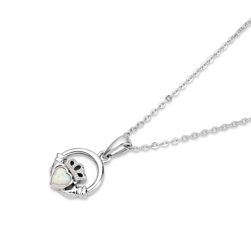 Argento Silver October Opal CZ Claddagh Necklace