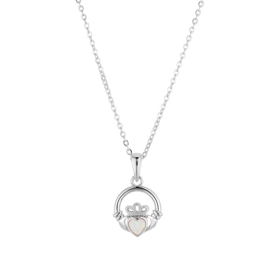 Argento Silver October Opal CZ Claddagh Necklace