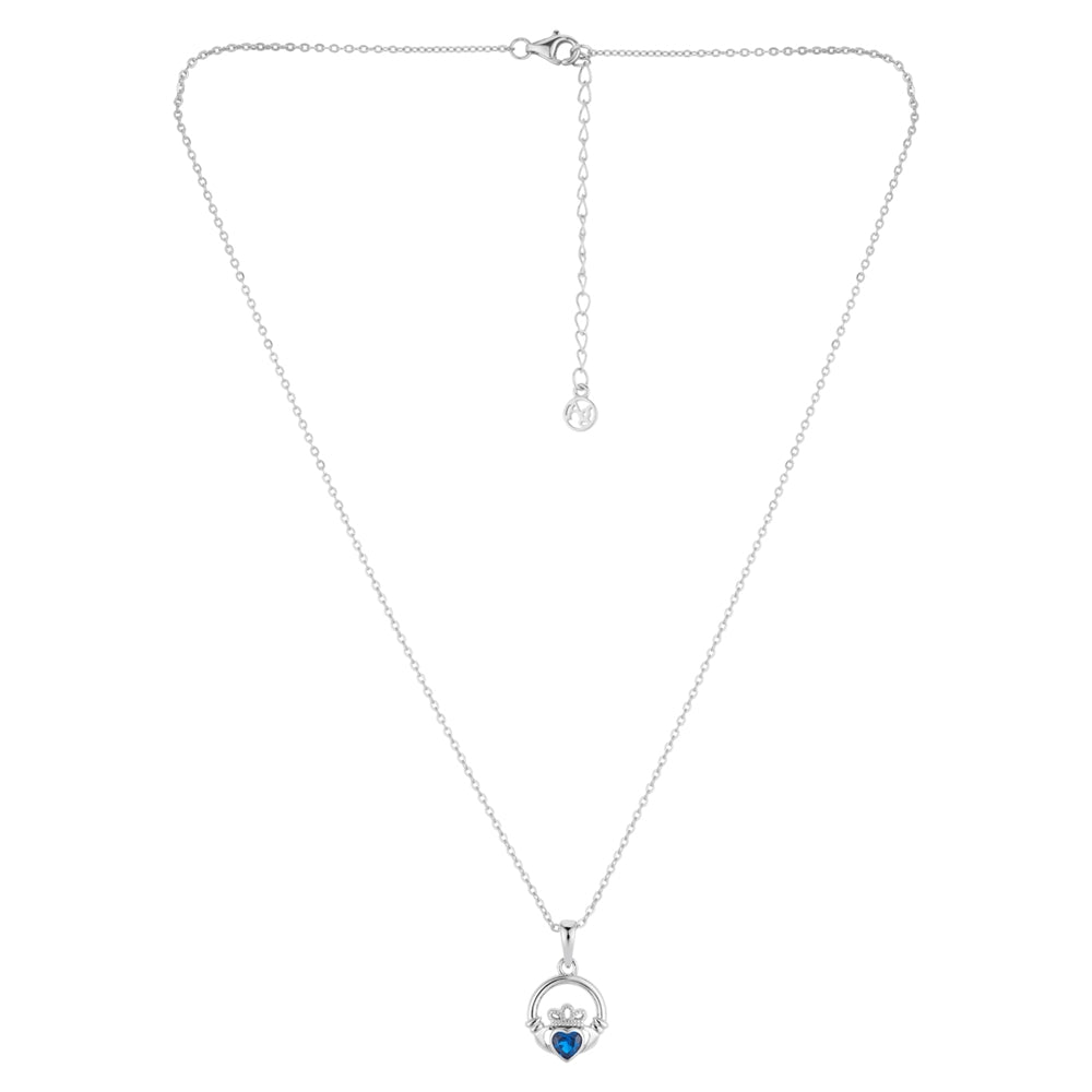 Argento Silver September Sapphire Blue CZ Claddagh Necklace