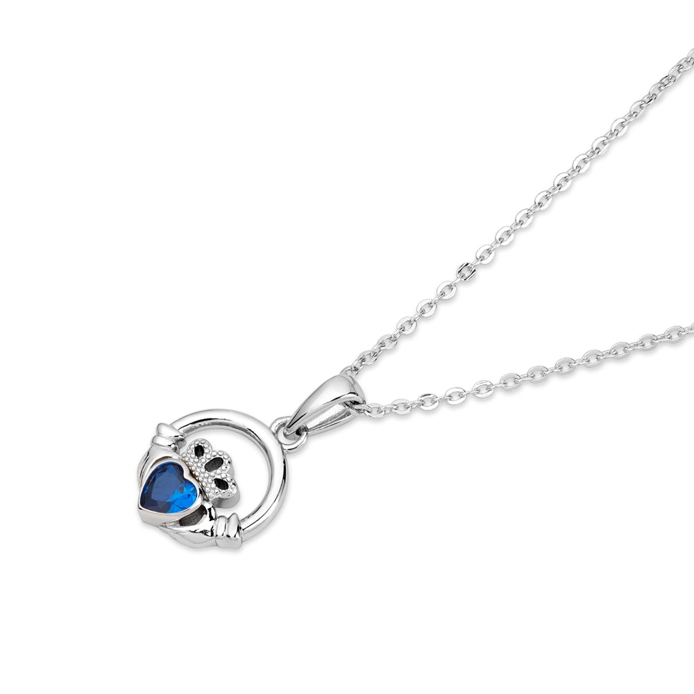 Argento Silver September Sapphire Blue CZ Claddagh Necklace