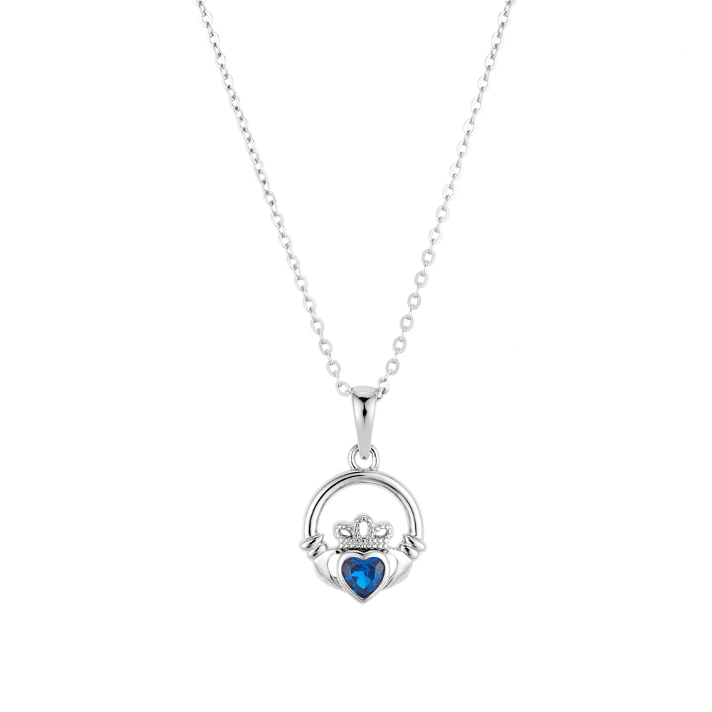 Argento Silver September Sapphire Blue CZ Claddagh Necklace