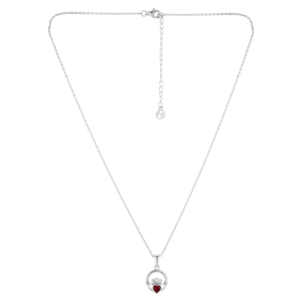 Argento Silver January Garnet Red CZ Claddagh Necklace