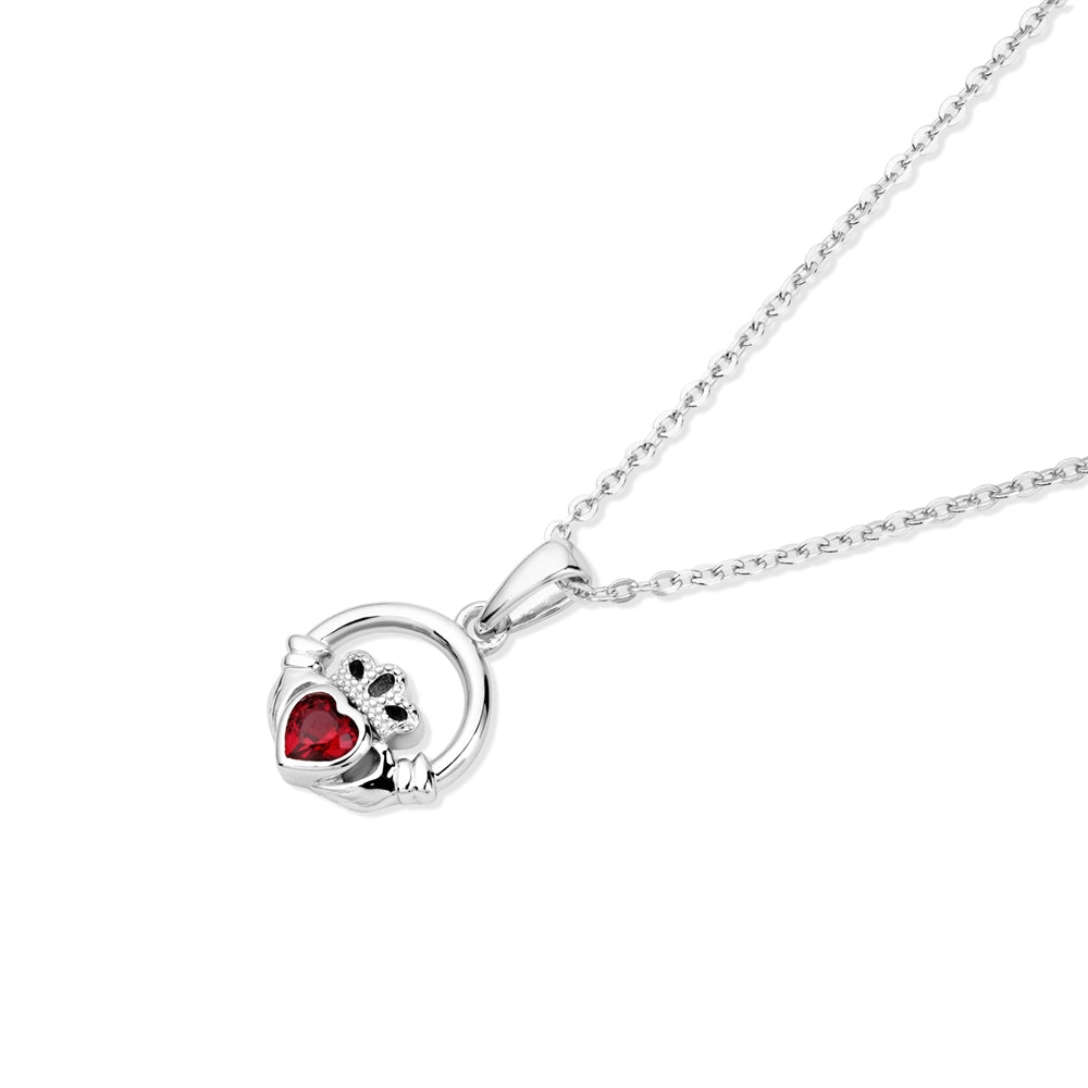 Argento Silver January Garnet Red CZ Claddagh Necklace