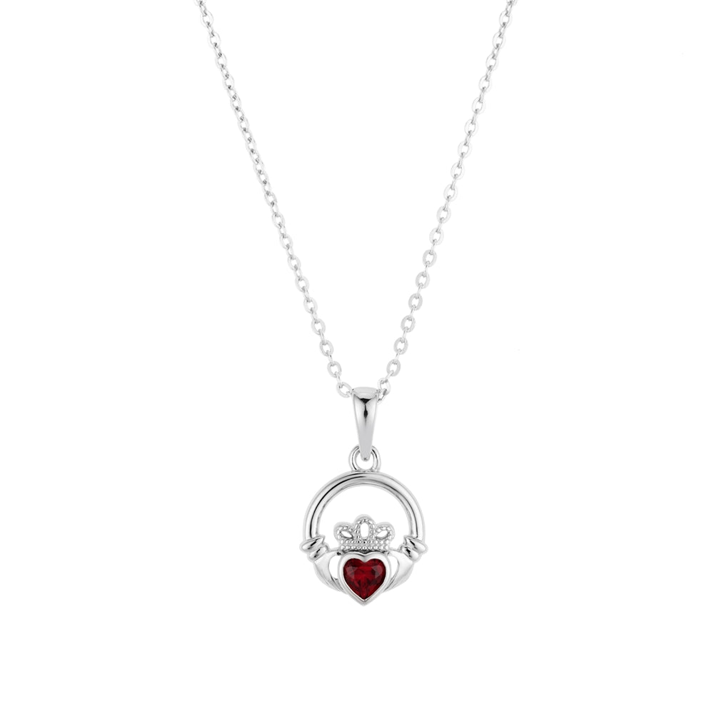 Argento Silver January Garnet Red CZ Claddagh Necklace