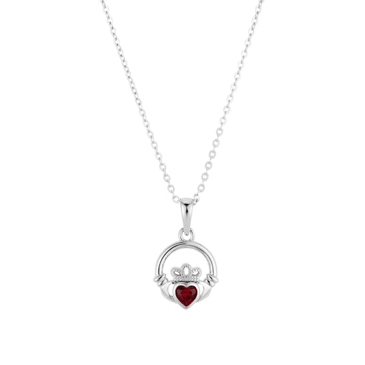 Argento Silver January Garnet Red CZ Claddagh Necklace
