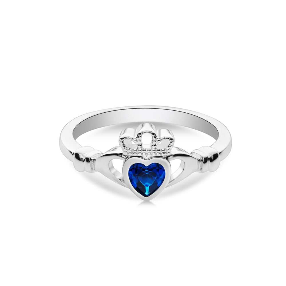Argento Silver September Sapphire Blue CZ Claddagh Ring