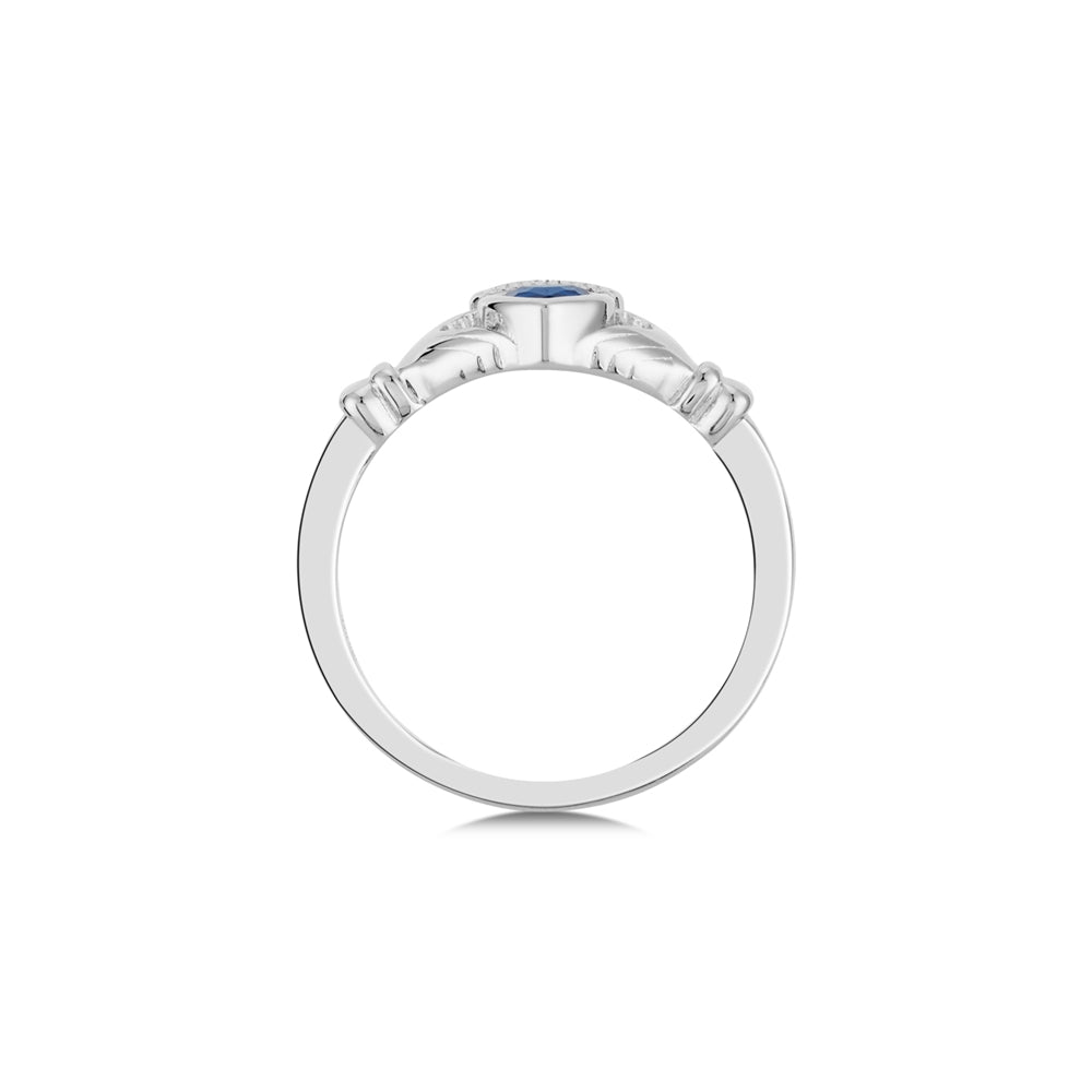 Argento Silver September Sapphire Blue CZ Claddagh Ring