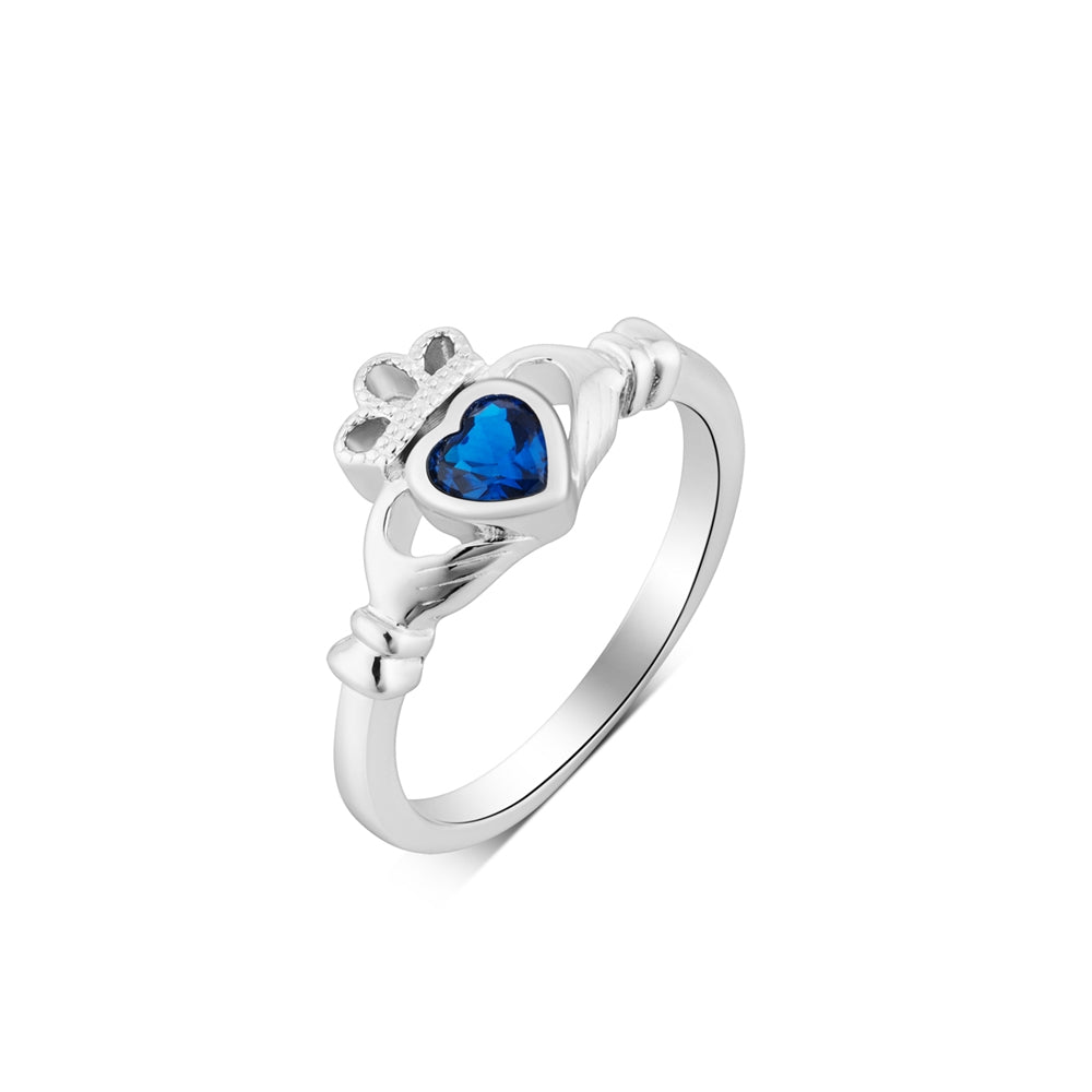 Argento Silver September Sapphire Blue CZ Claddagh Ring
