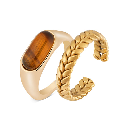 August Woods Gold Tigers Eye Stone Ring Two Pack