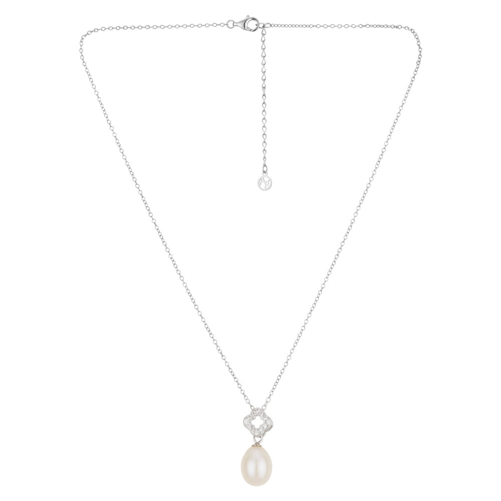 Argento Silver Pavé Clover Pearl Necklace