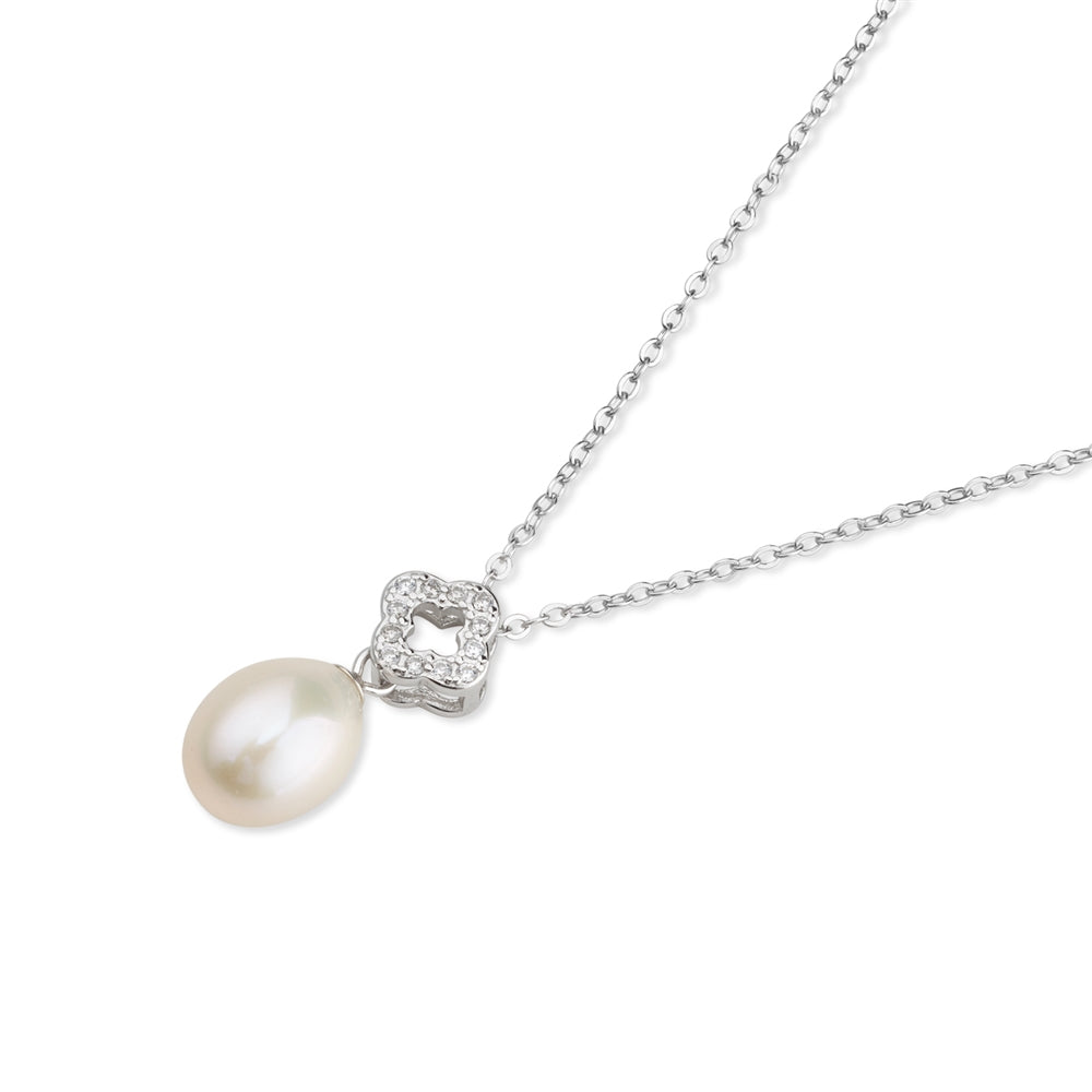 Argento Silver Pavé Clover Pearl Necklace