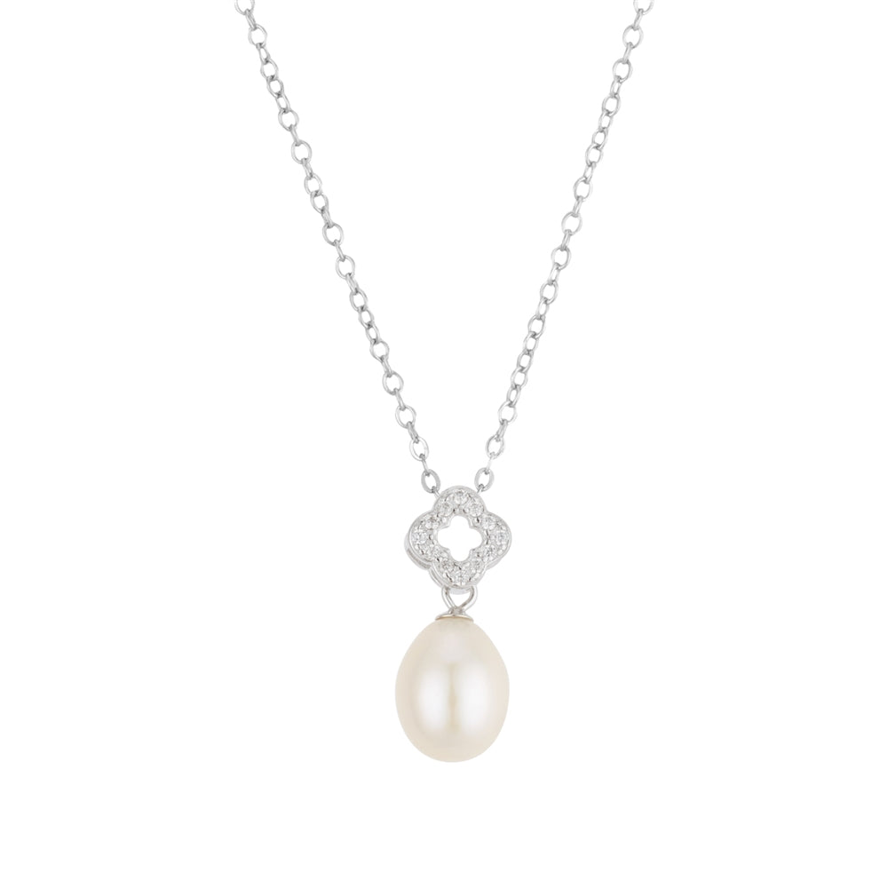 Argento Silver Pavé Clover Pearl Necklace