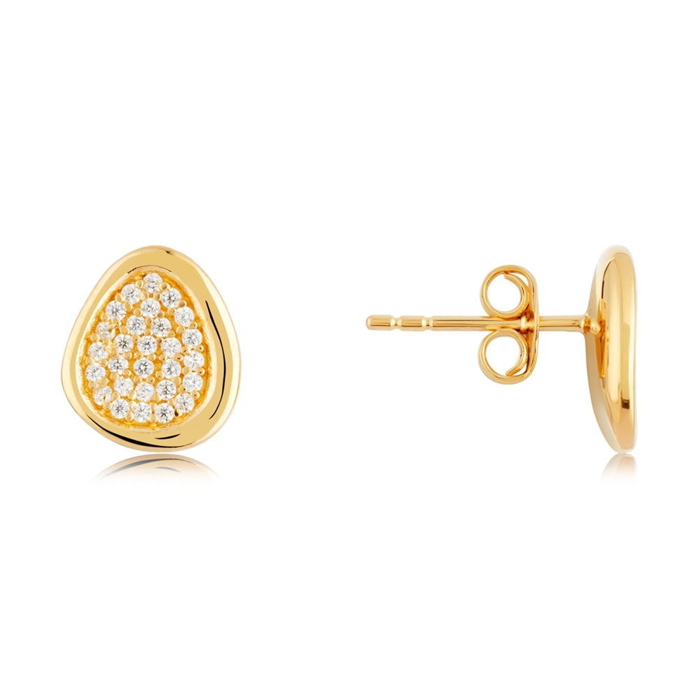 Argento 18k Gold Plated Molten Oval Pavé Stud Earrings